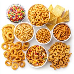 Assorted savory snacks and sweets in bowls, overhead shot
