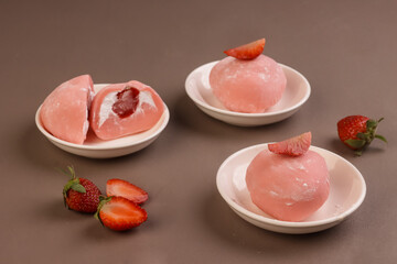 Strawberry Japanese Mochi or  Ichigo Daifuku, Glutinous Rice Dessert with Fresh Strawberry.