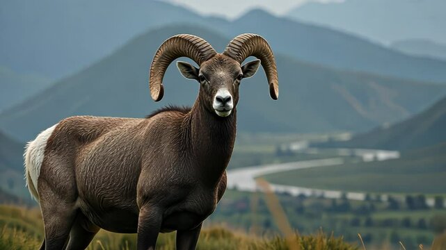 Bighorn sheep standing in grassy mountain valley.