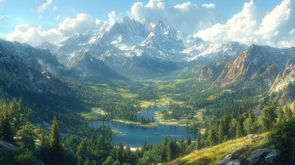 Majestic mountain range, valley, lake, and lush green forest under a bright sky.