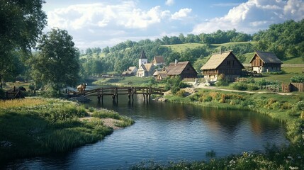Obraz premium Picturesque River Village: Tranquil Lakeside Settlement with Wooden Houses and Lush Greenery
