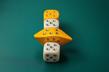 Dice Tower: A Composition of Yellow and White Dice on Teal Background