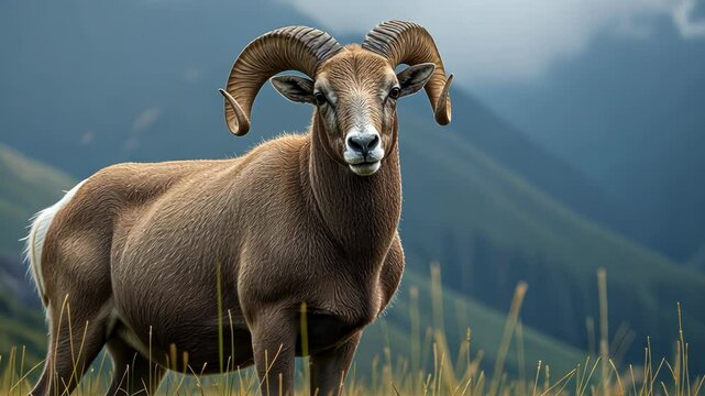 Bighorn sheep standing in grassy mountain valley.