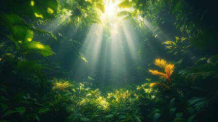 Obraz premium Sunbeams Illuminating Lush Rainforest Canopy