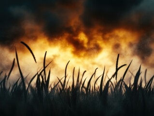 Dramatic sunrise over fiery landscape open field nature photography smoky atmosphere low angle beauty of nature