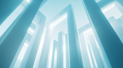 Obraz premium Abstract futuristic background with light blue and white colors, geometric shapes of different sizes and forms arranged in an architectural style. a vertical column that adds depth to the composition.