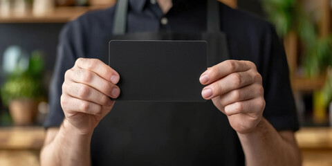 A person in an apron holds a blank card in front of a blurred background, suggesting a setting that could be a cafe or retail space.