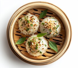 Delicious Steamed Asian Dumplings in Bamboo Steamer