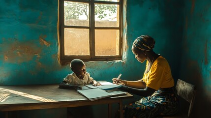 A teacher assisting a child with homework in a classroom, symbolizing patience and humility