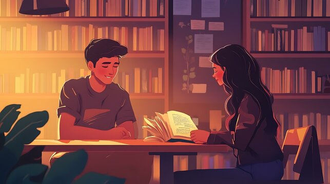 A student tutoring a classmate in a library, symbolizing patience and gratitude