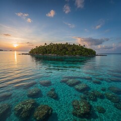 Fototapeta premium A serene island surrounded by crystal-clear waters, where the sun sets in vibrant hues.