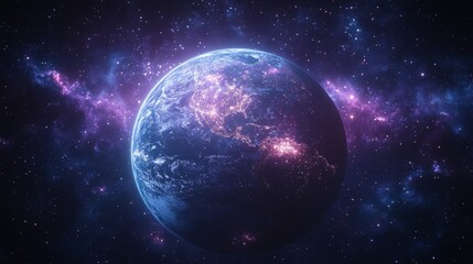 Obraz premium Earth at night, glowing city lights, nebula background.
