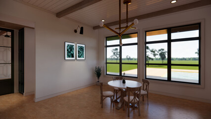 Contemporary and functional kitchen dining area meticulously visualized in a detailed 3D render. This design showcases a seamless integration of cooking and dining spaces, kitchen