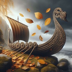 Viking Longship A leaf falls over a longship representing the jo