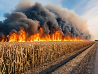 Wildfire engulfs wheat field rural landscape dramatic event daylight aerial viewpoint nature's fury