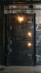 Industrial steel bunker doors heavy metal panel intricate detail glowing light rugged secure design sci-fi,post-apocalyptic,military,rustic,surreal,fiction,explore,navy,troop,exit, gate,entry,poster