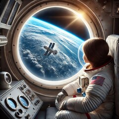 Window on a Spaceship View of Earth A child astronaut looking ou