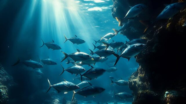 underwater view of a group of tuna fish in the sea