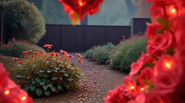 Heart-shaped rose arch glowing in garden at dusk.