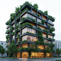 Obraz premium a modern architectural building characterized by a unique blend of greenery and glass. The design showcases multiple floors