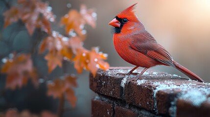 Male northern cardinal perched on a snow-dusted brick wall, autumn leaves in background.