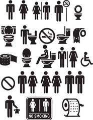 Toilet Vector Icons Set: Restroom WC, No Smoking, Tissue Paper Silhouette