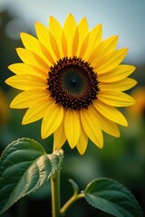 Obraz premium large bright yellow sunflower with big dark brown center, petals, ray