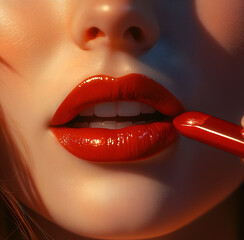 Obraz premium Close-up of a beautiful woman applying red lipstick