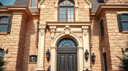 Obraz premium Majestic Stone Mansion: Architectural Grandeur and Classic Elegance. This stunning property showcases exquisite design, luxurious details, and timeless appeal.