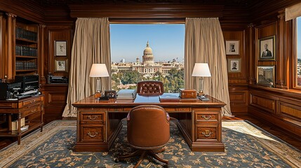 Luxurious office space with a view of the capitol building exudes power