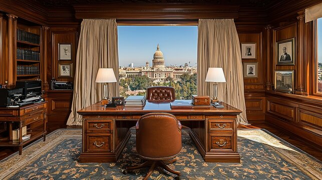 Luxurious office space with a view of the capitol building exudes power