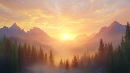sunrise over the foggy mountains