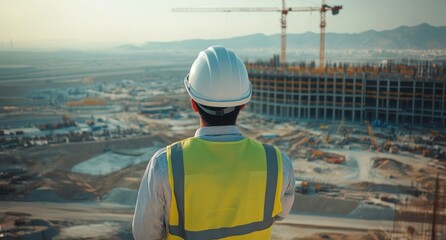 A young Middle Eastern male engineer wearing a white helmet and yellow vest, looking at the construction site of an industrial park in Saudi Arabia with a high-quality and wide-angle view.
