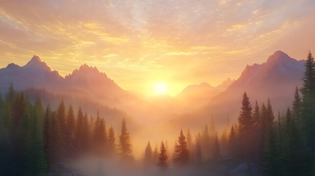 sunrise over the foggy mountains - Powered by Adobe