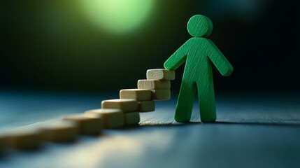 Green Figure Ascending Wooden Steps: A Metaphor for Progress and Achievement