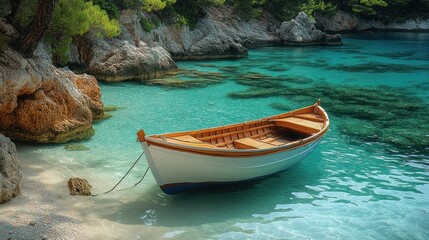 Obraz premium Secluded cove with a small wooden boat in crystal-clear turquoise water.