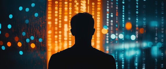 Lost in the Code: A solitary figure, silhouetted against a dazzling backdrop of cascading binary code and shimmering lights, evokes a sense of mystery and the boundless possibilities of technology.