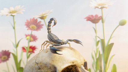 A scorpion rests atop a weathered skull, amidst a field of delicate flowers.A still life composition featuring a scorpion on a skull, surrounded by vibrant flowers.