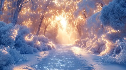 Fototapeta premium Sunlit path through a snow-covered winter forest at sunrise.