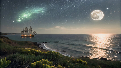 Naklejka premium Starry expanse above a tranquil sea, with a historic ship gently gliding on the water.A majestic sailing vessel cuts through the inky night, illuminated by the moon's soft glow. 