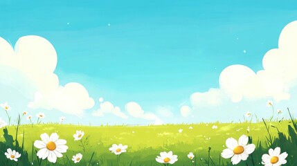 Serene Spring Meadow Landscape: A Daydream of Daisies under a Sunny Sky