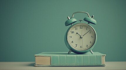 Vintage Teal Alarm Clock on Book: A Still Life of Time and Knowledge