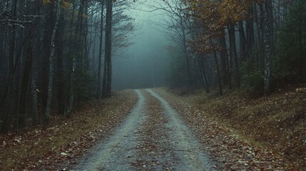 Obraz premium Misty Autumn Forest Road: A Serene Journey Through the Woods