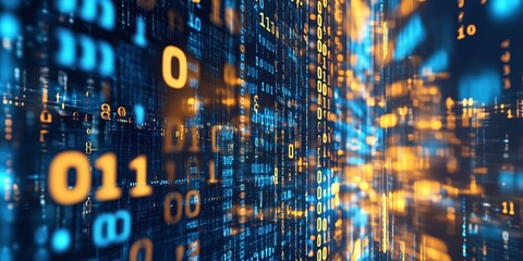 Digital River: An abstract visualization of binary code flowing like a river, with vibrant orange and blue digits creating a dynamic and futuristic feel.