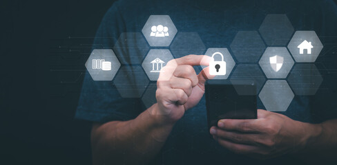 Data Information protection and encryption using network technology for security to prevent crime, hackers, and online attacks. Technology and information security in everyday life. Authentication.