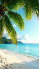Palm fronds swaying gently in the breeze on a deserted island, natural beauty, peaceful atmosphere