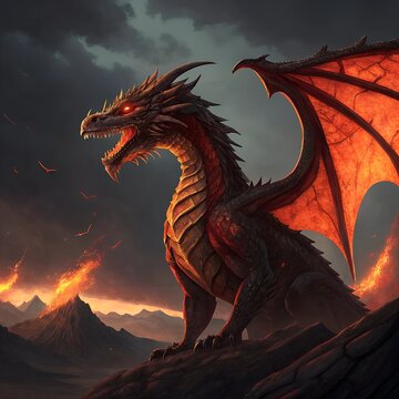 A Colosal Dragon Looms Against A Dark Sky.