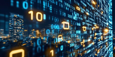 Digital Cityscape: A mesmerizing digital art piece depicting a cityscape interwoven with glowing binary code, symbolizing the fusion of technology and urban life.