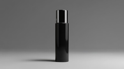 Sleek and Modern Black Bottle with Glossy Finish, Ideal for Perfume or Cosmetic Products, Set Against a Simple Gray Background for an Elegant Presentation