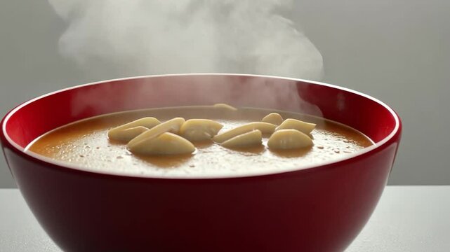 Steaming Garlic Soup: A rustic red bowl overflowing with a rich and savory soup, topped with toasted garlic cloves and emitting fragrant steam, inviting you to take a warm and comforting bite.